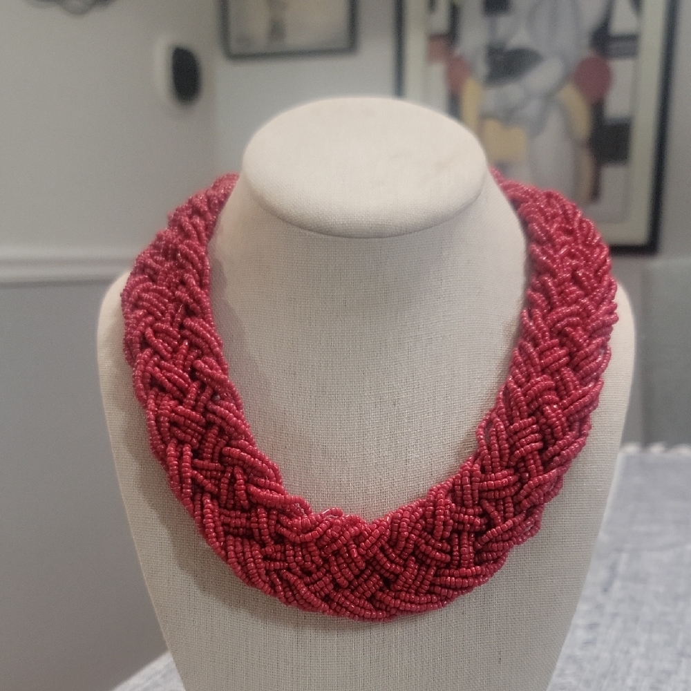 Chunky Wide Red Glass Bead Plaited Necklace 23"